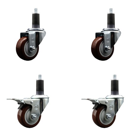 Service Caster 3'' Maroon Poly Swivel 1-1/4'' Expanding Stem Caster Set 2 Total Lock Brakes, 4PK SCC-EXTTL20S314-PPUB-MRN-2-S-2-114